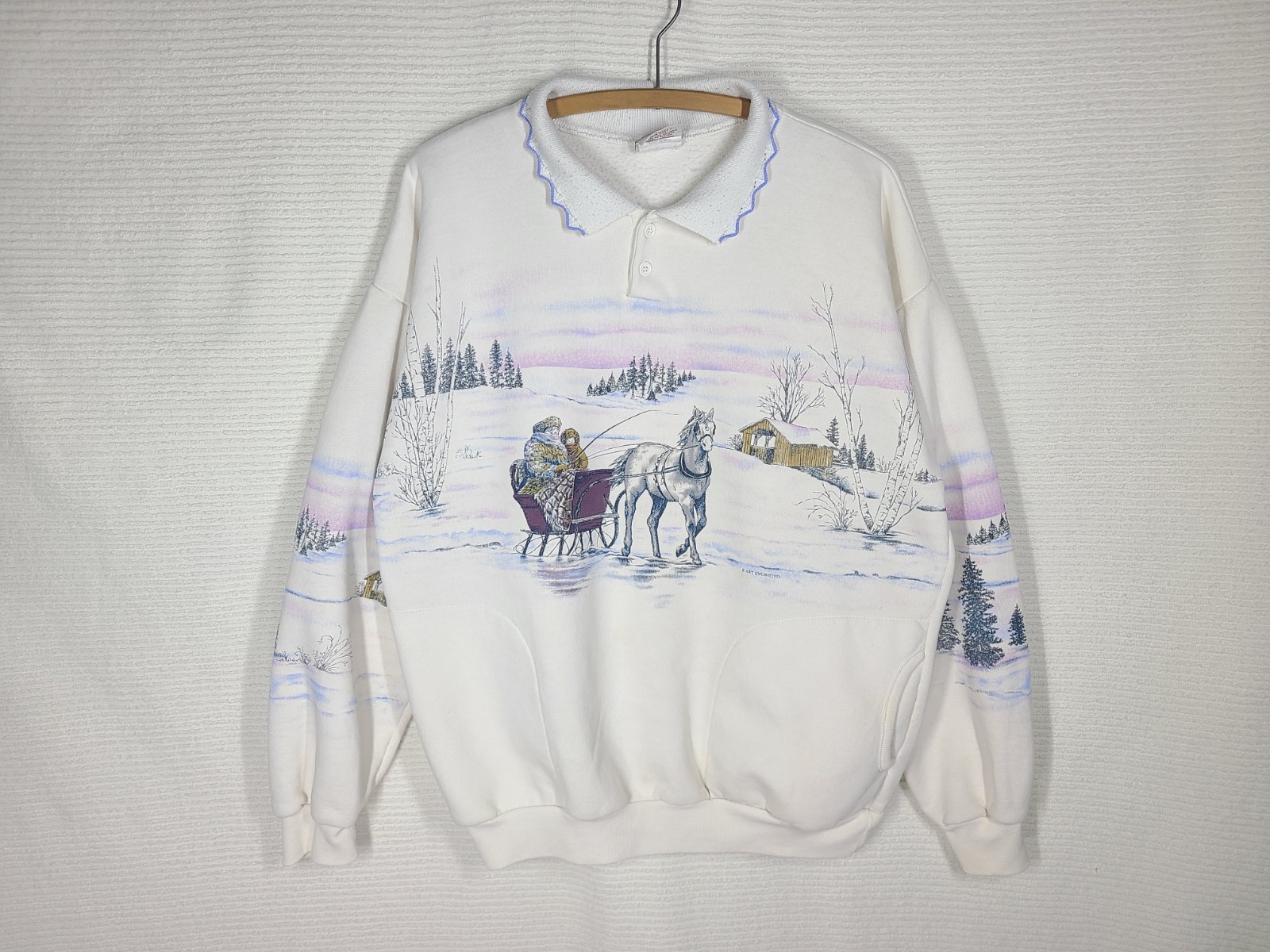 Art Unlimited 1990s Sweatshirt All Over Print Large Crochet Collar Grandma Slay