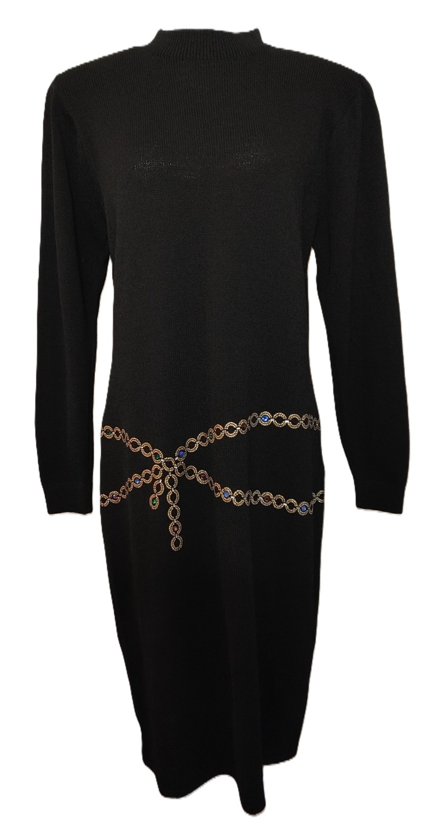 Vintage St John Saks Knit Dress 12 Black Santana Sweater Jeweled Chain Waist 80s