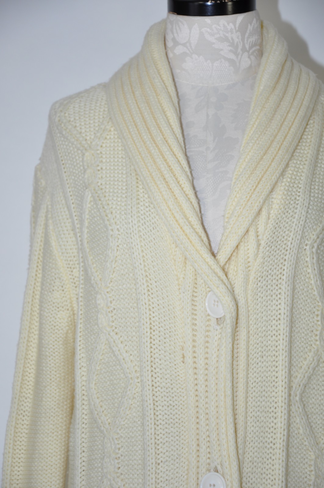 70s Cream Fisherman Cable Knit Shawl Duster Long Cardigan Sweater Coat Women M L