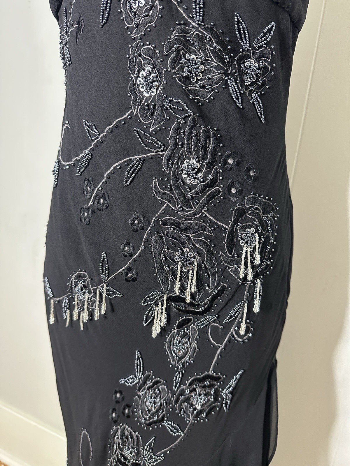 Vintage Y2K Silk Chiffon Bias Cut Beaded Art Deco Look Mermaid Maxi Dress