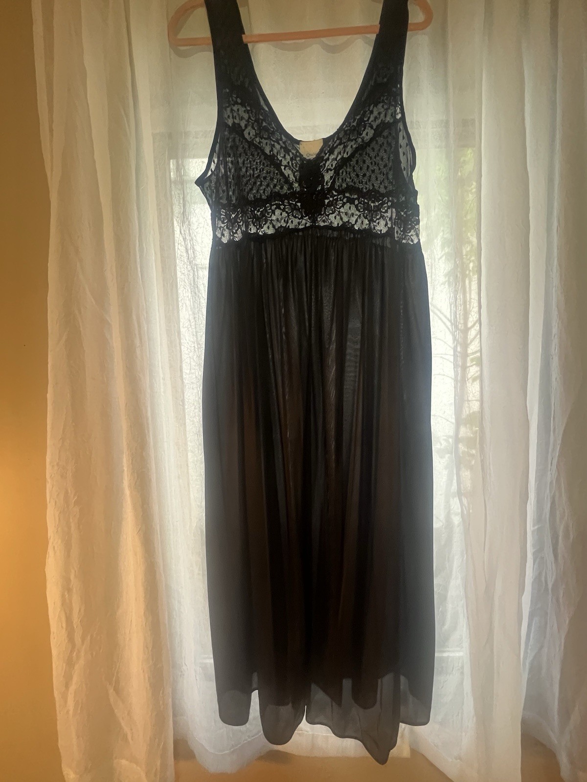 Vtg Olga Style Lace Full Sweep Quiet Moments Nightgown Silky Black Plus 3XL USA
