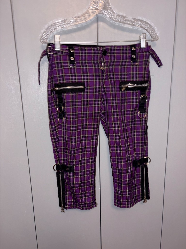 Y2K Tripp NYC 1 purple Tartan Plaid Skinny Capri Pants D ring & Metal Grunge Zip