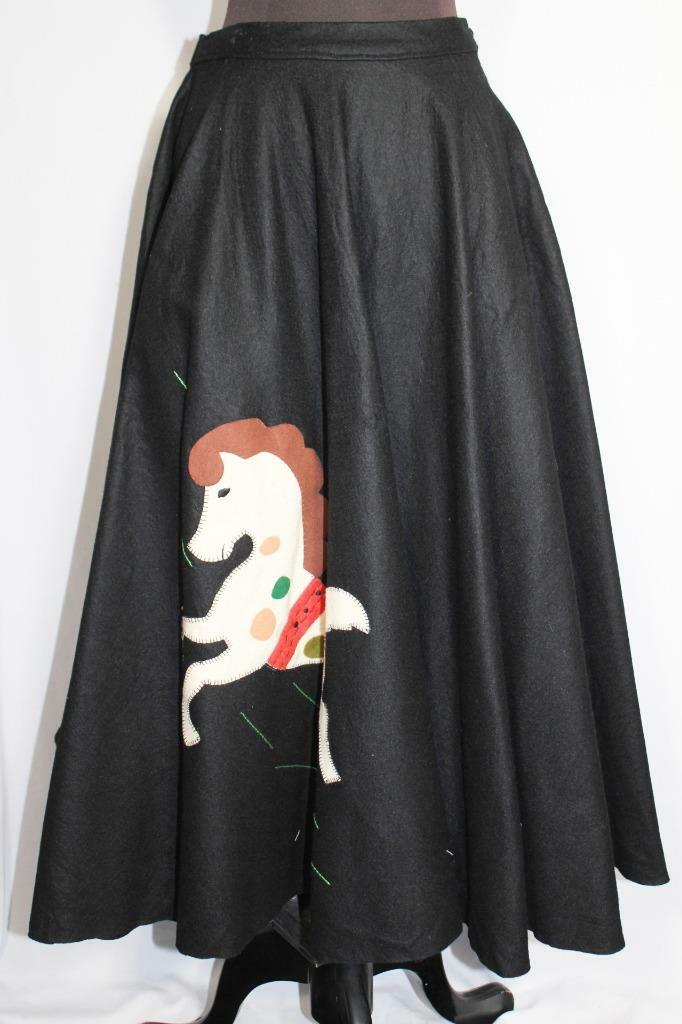RARE VINTAGE 1950’S CLASSIC BLACK WOOL FELT PONY CIRCLE SKIRT 27″-28″ WAIST