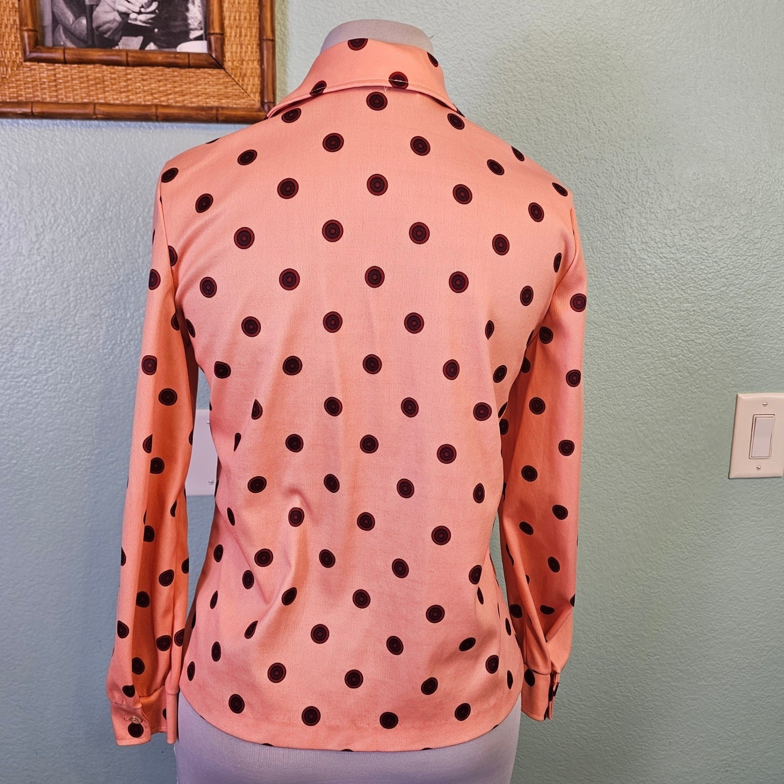 Vintage DeVon Peach Polka Dot Disco Blouse Point Collar Mod Secretary Top Size S