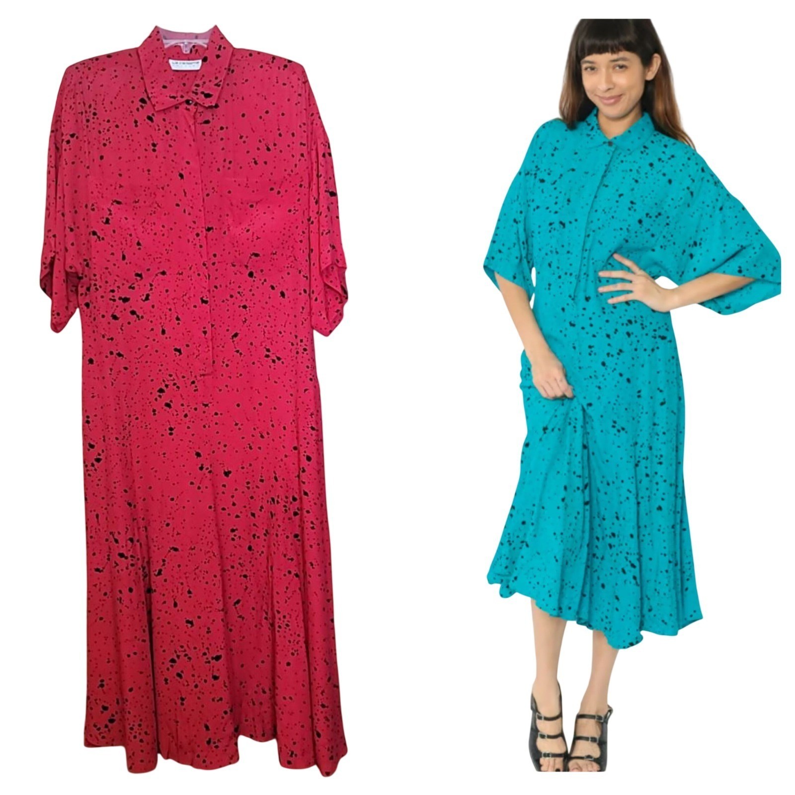 Liz Claiborne VTG 80s Splatter Print Shirtdress Dolman Sleeves Collared Midi 14