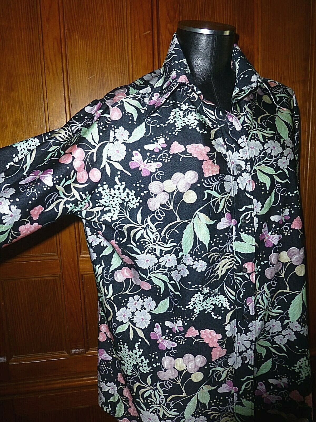 Vtg 70s Ship’n Shore FLORA FAUNA Print Nylon knit hippie Shirt BLOUSE TOP XL