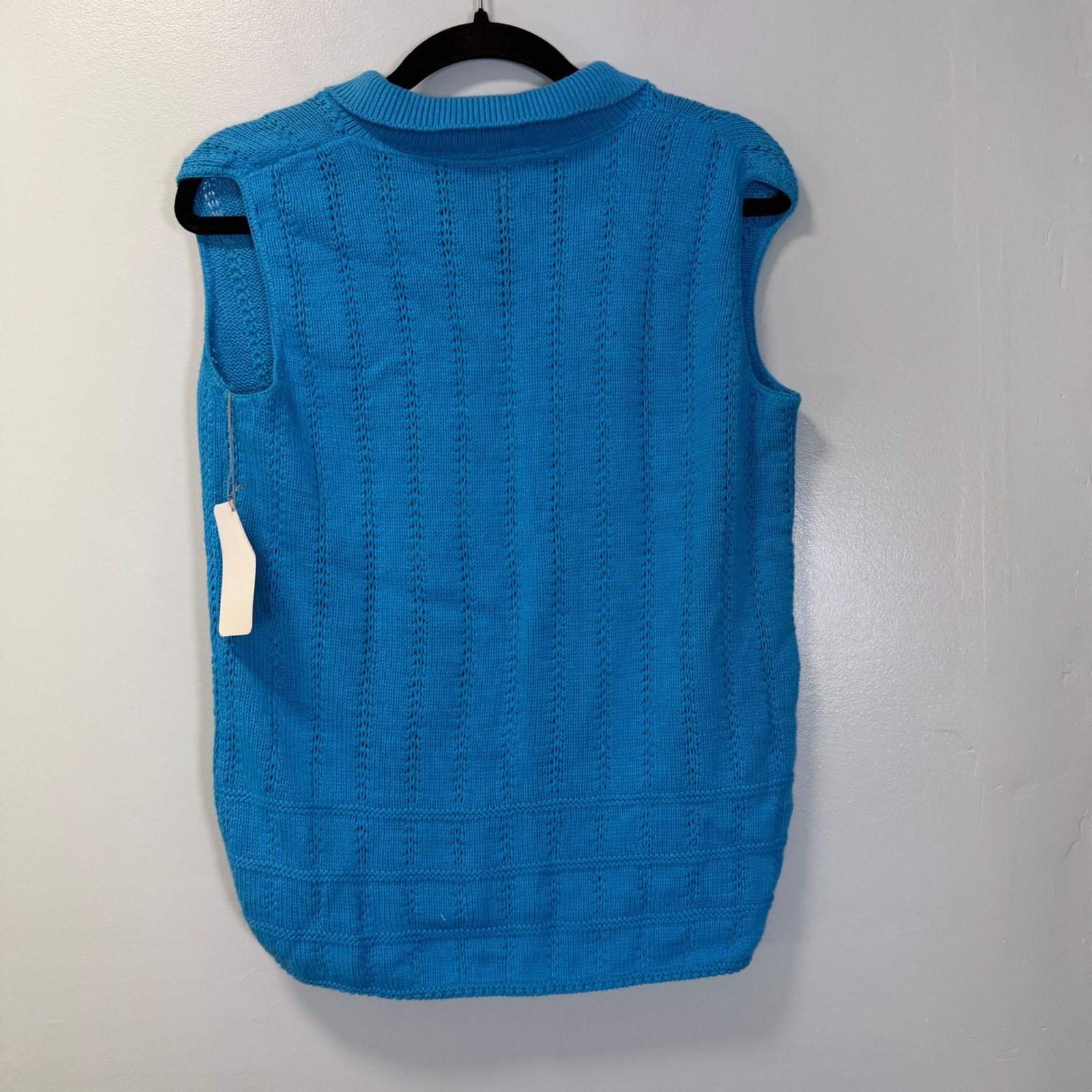 Vintage Bobbie Brooks Blue Pointelle Knit Sleeveless Polo Sweater Vest Medium