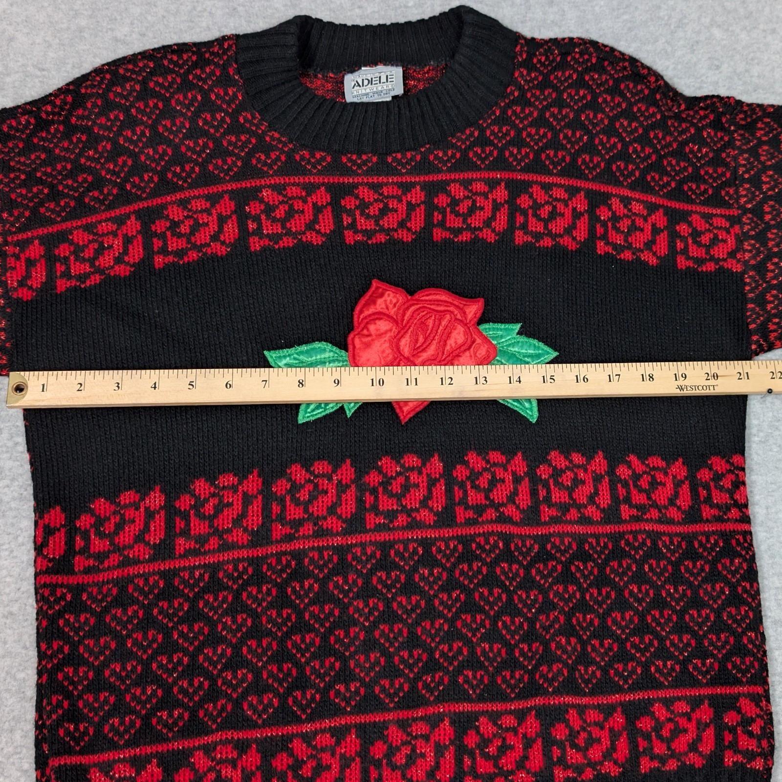 Vintage 80s 90s Adele Knitwear Sweater Roses & Hearts Black Red Shoulder Pads