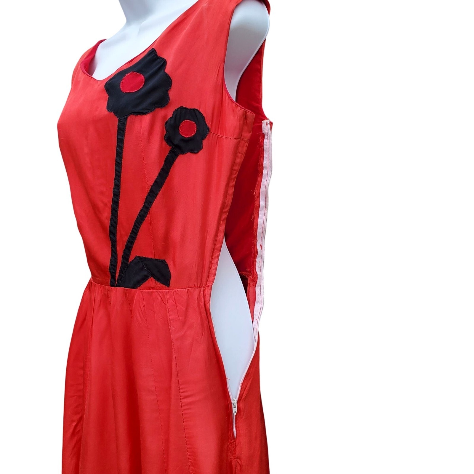 Vintage 30s Style Red Orange Acetate Maxi Size S Black Appliqué Gown Prom Dress