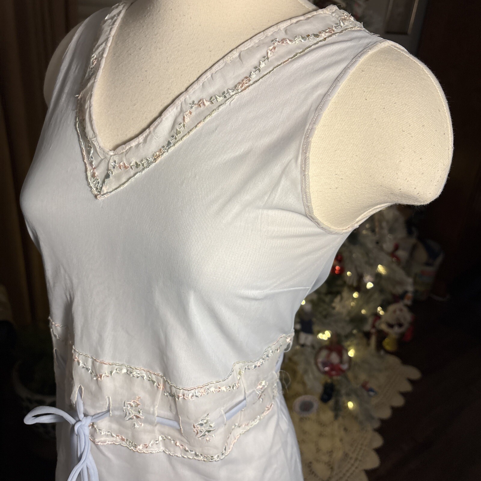 Vintage 1960’s 50s Nightgown Lingerie Chiffon Lace Bows Embroidered V Neck Blue