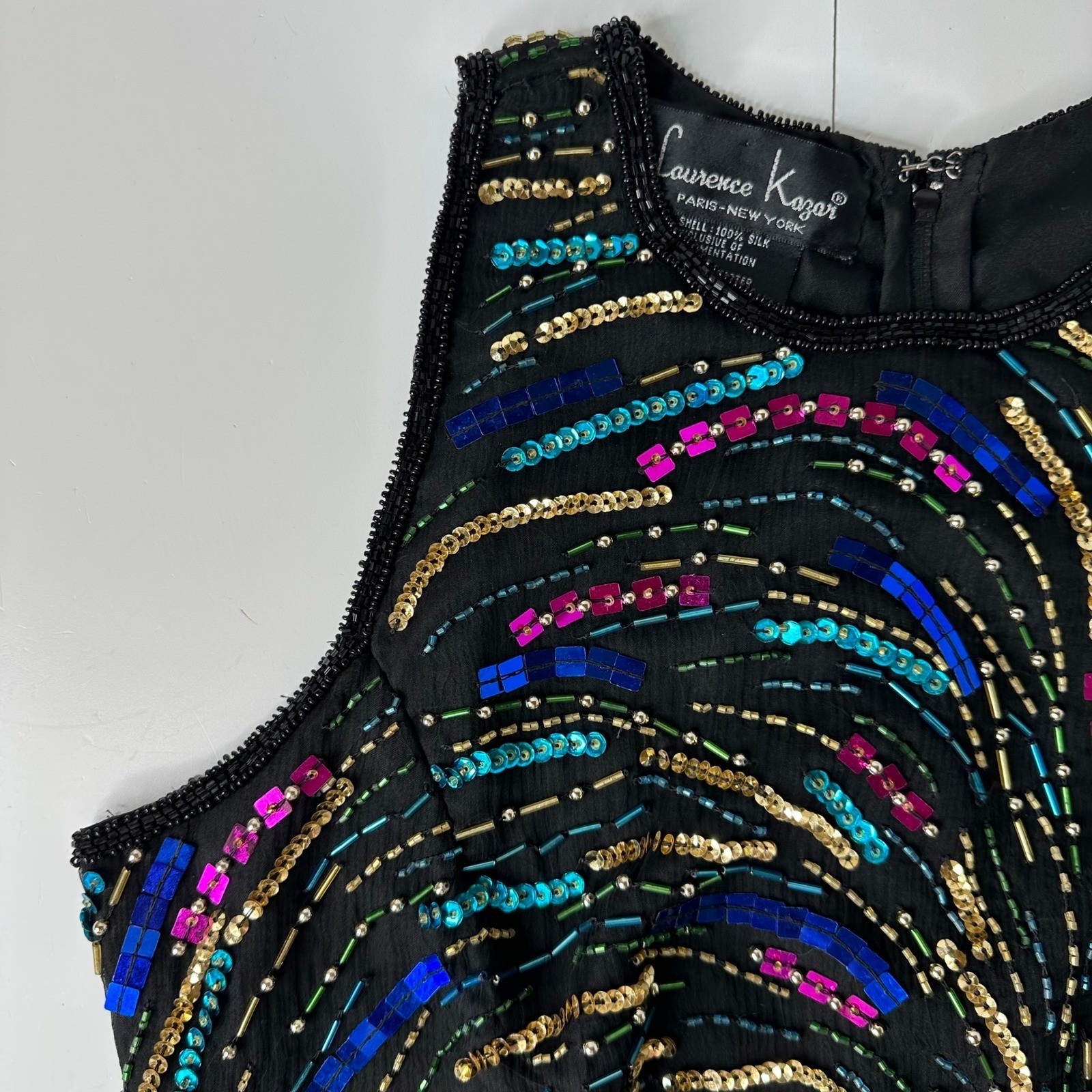 Laurence Kazar Black Silk Beaded Sequin Swirl Sleeveless Top Vintage Glam Sz M