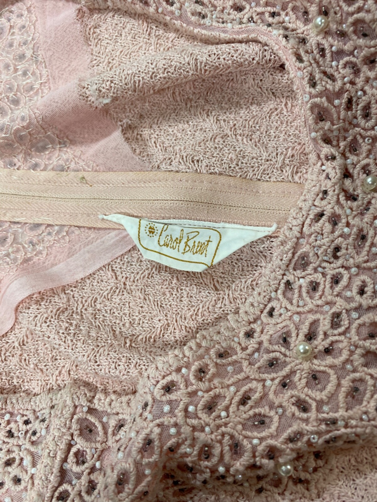 Vintage 1960’s Sweater Dress M/L 10-12 Pink Crochet Beads Pearls CAROL BRENT