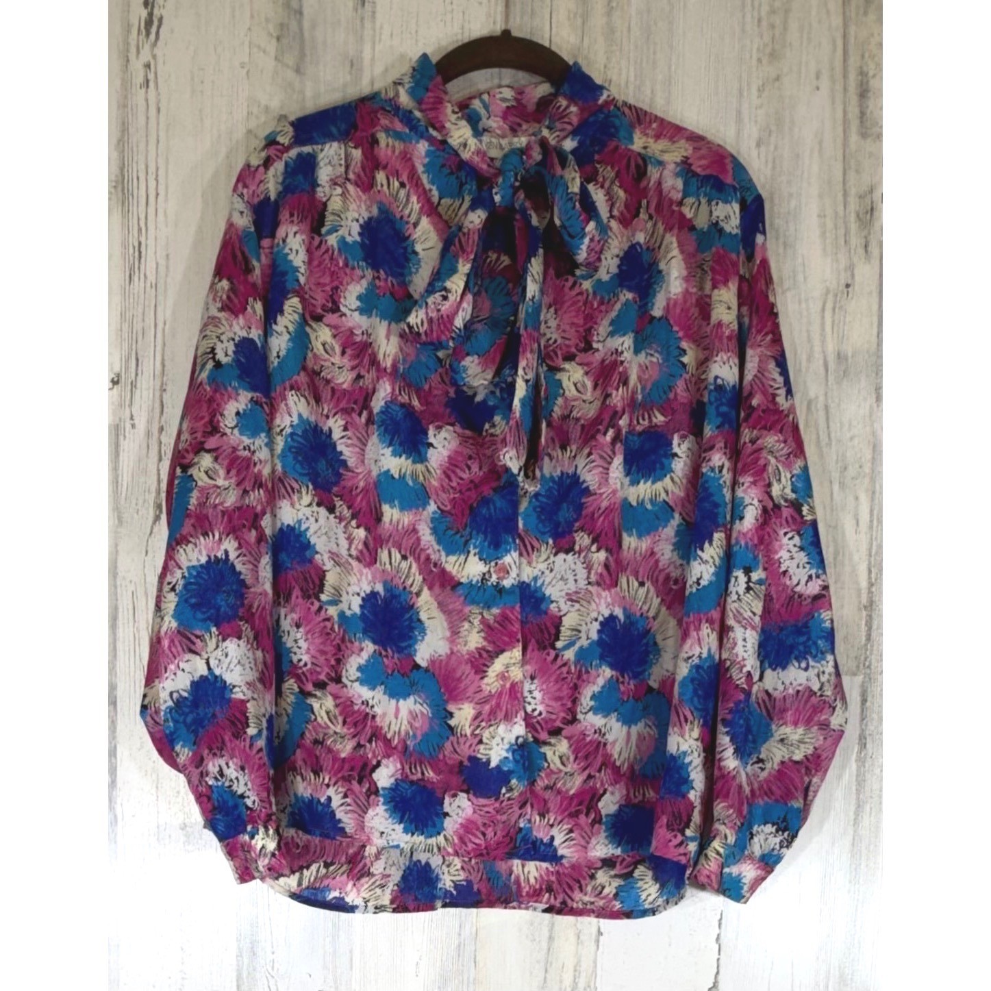 Steven Barry Blouse 16 Pink Blue Abstract Floral Tie Neck Vintage 80s Secretary