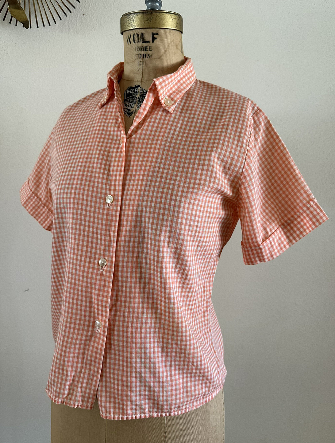 1950s Stoneswear Peach Gingham Cotton Blouse Top Shirt Western Workwear Farm VTG