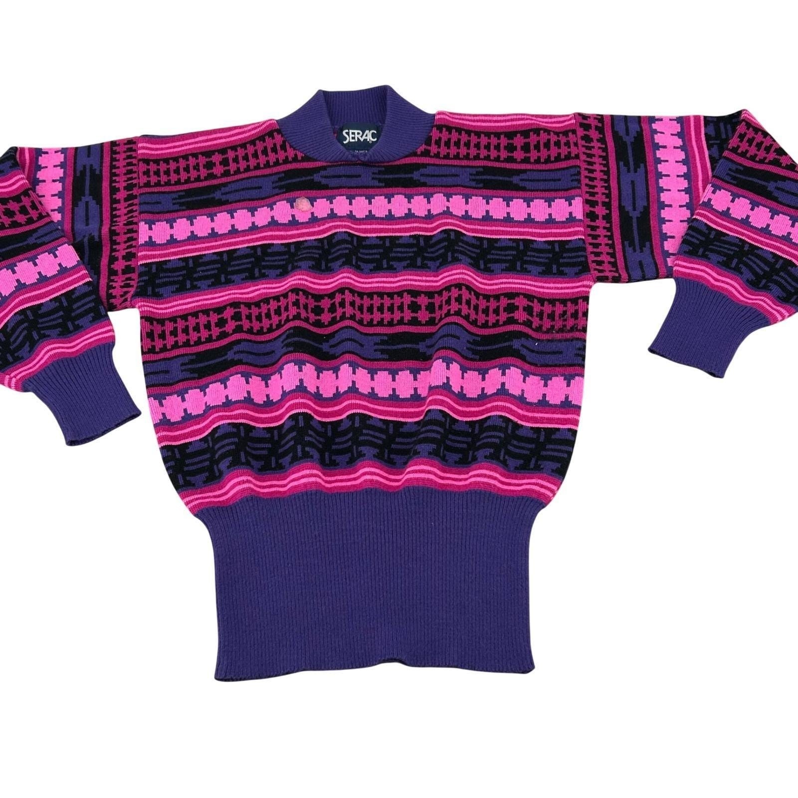 Serac Sweater Womens L Purple Pink Geometric Wool Blend Vintage 80s Retro Ski