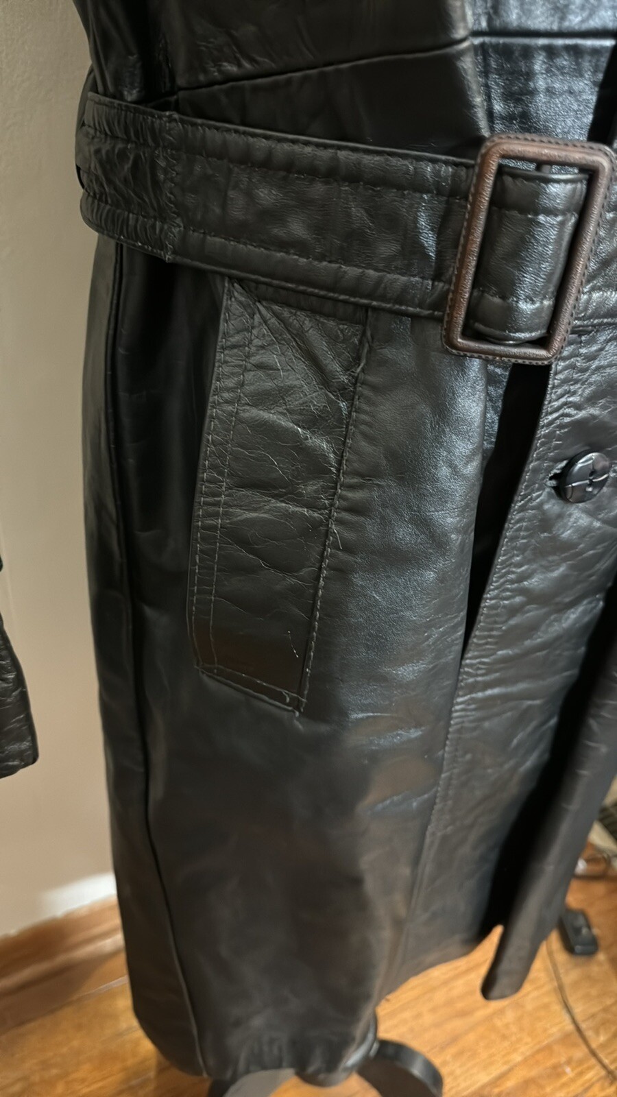 Leather Coat Made In Argentina Vintage Long Trench Black Lined Mob Wife Med