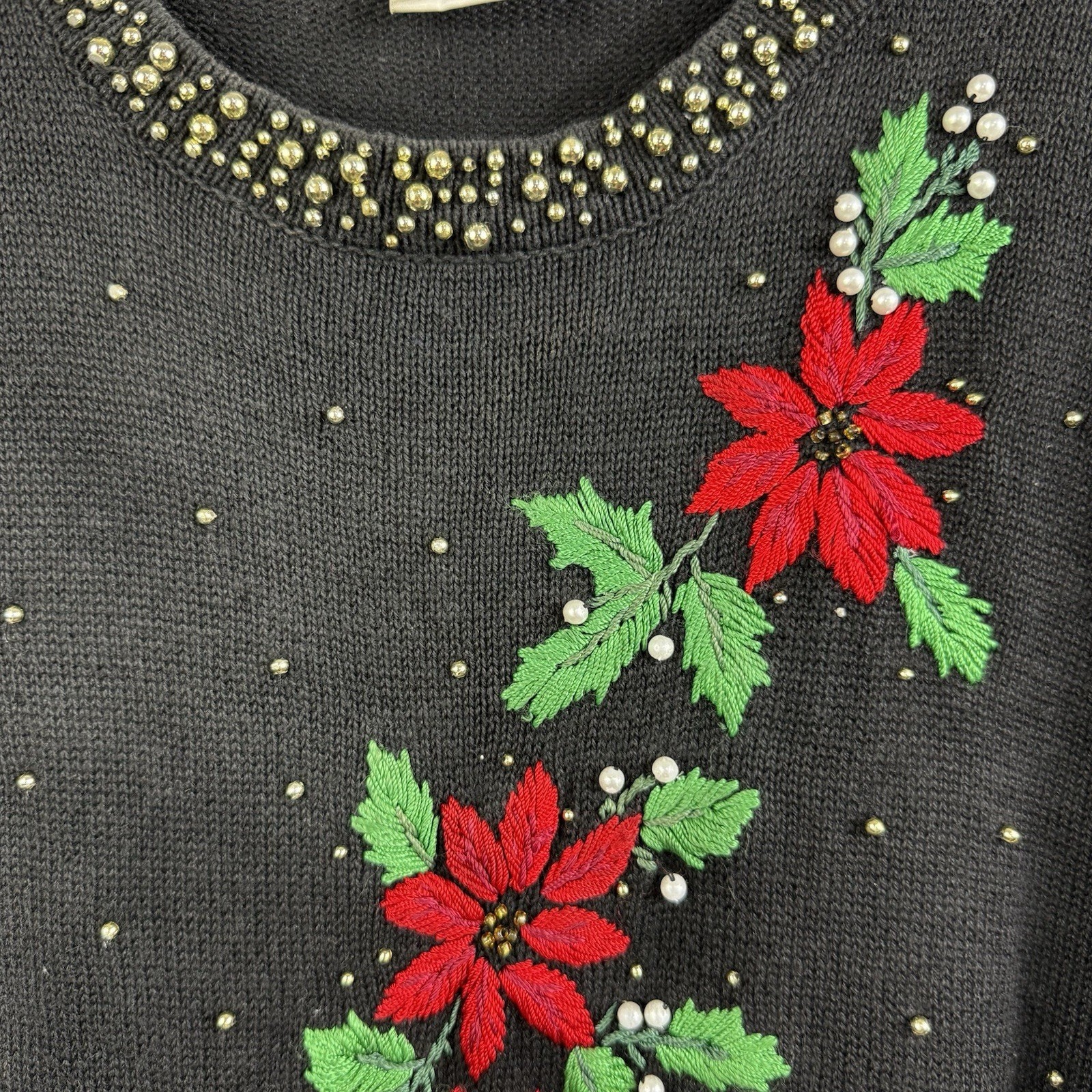 Vintage 90s Beaded Black Embroidered Poinsettia Sweater Large Holiday Christmas