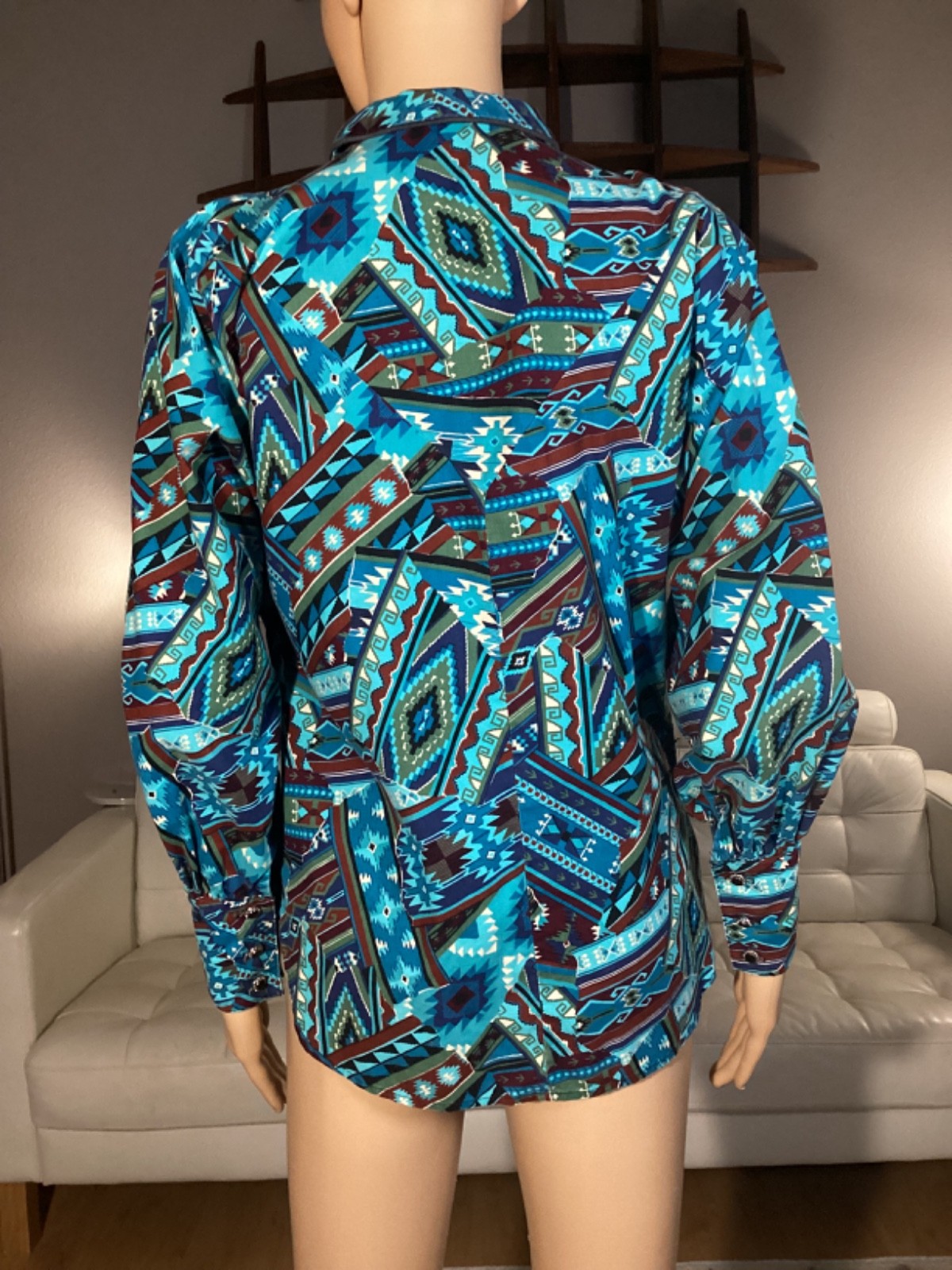 Vintage 90s Banjo Dallas Texas Womens Sz Small Western Shirt Aztec Aqua Blue