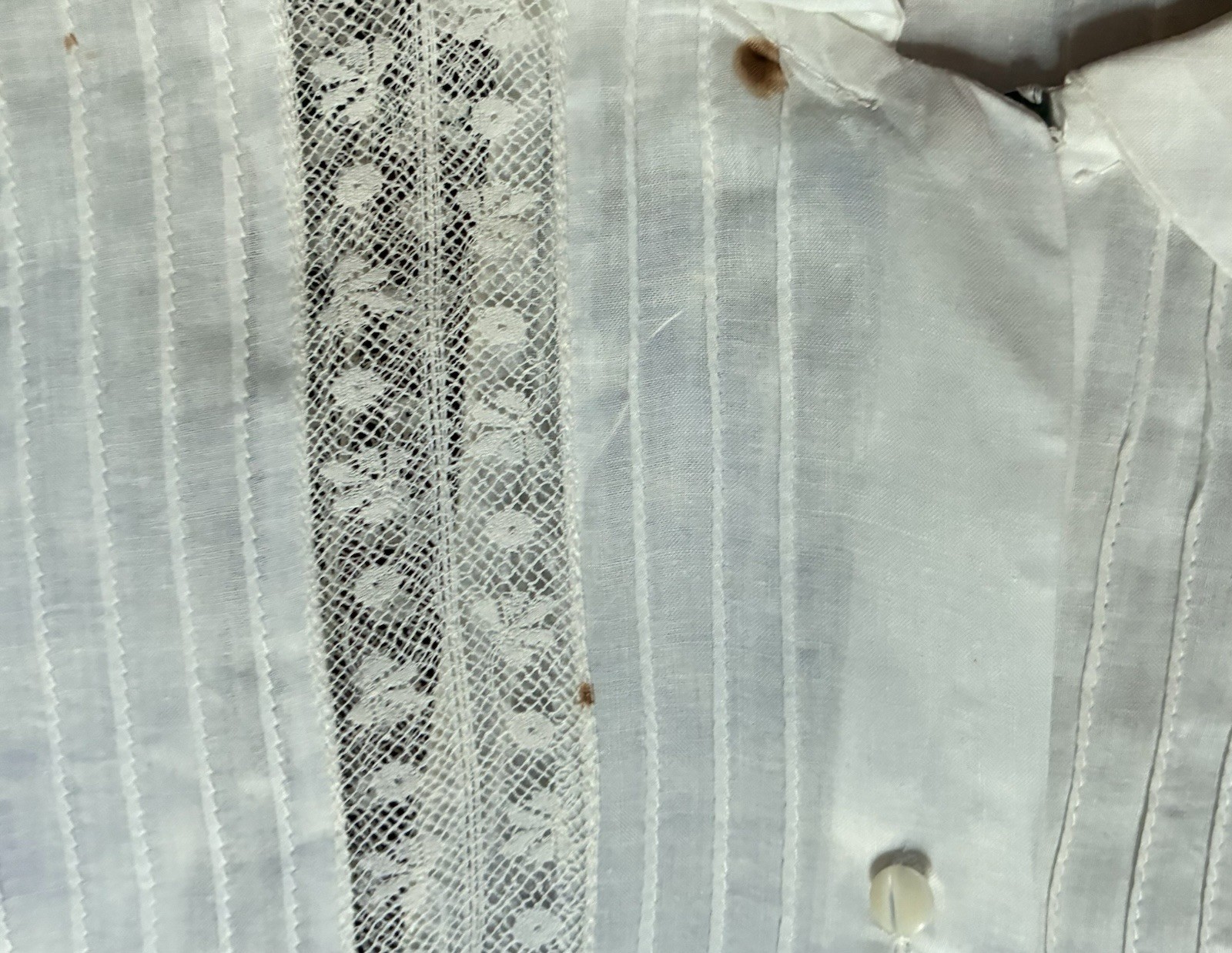 Vintage Handmade 40s White Pintuck Lace Button Up Blouse Top Size M