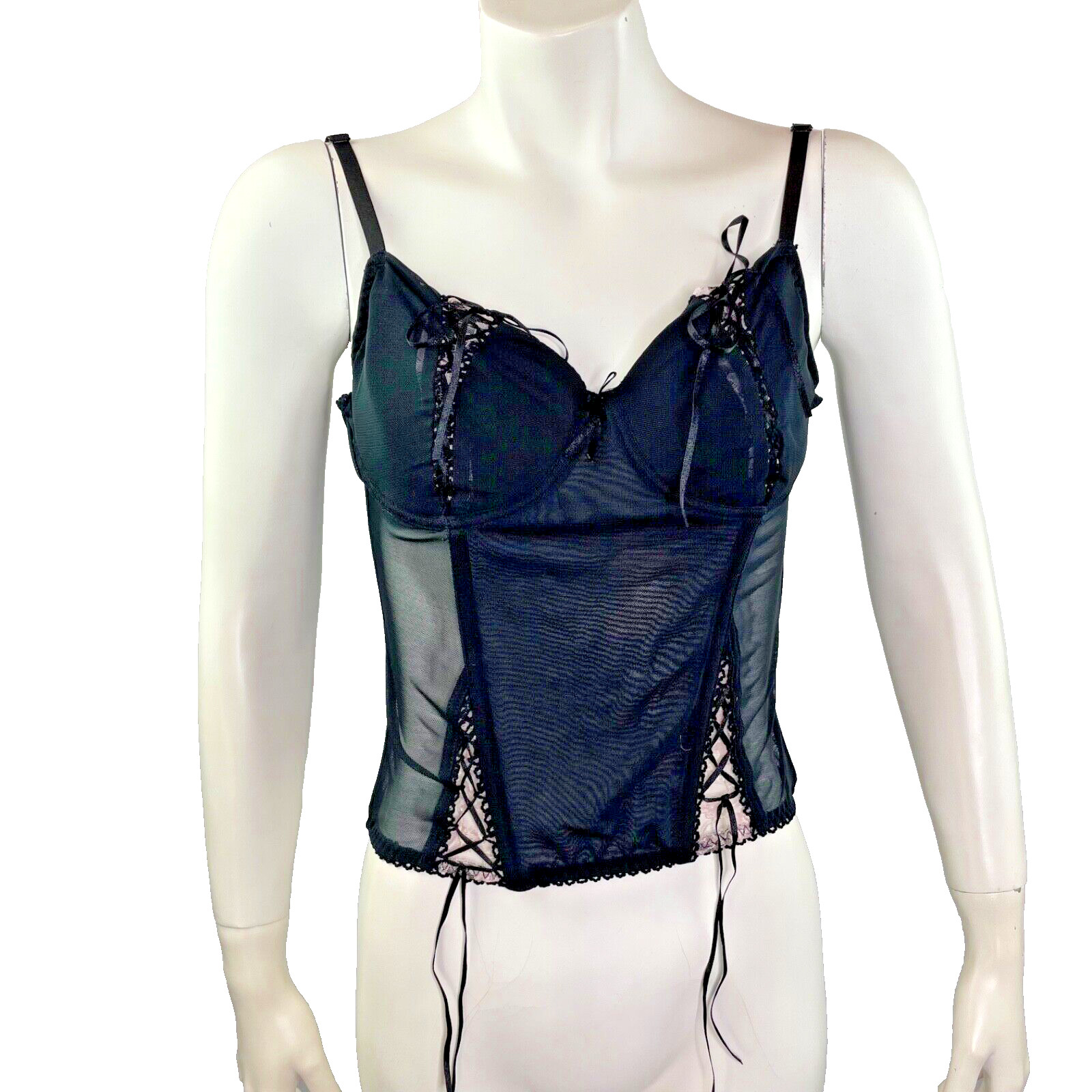 Jolie Intimates Black Semi-Sheer Mesh Lace Boned Bustier Corset Top UW Bra 36C