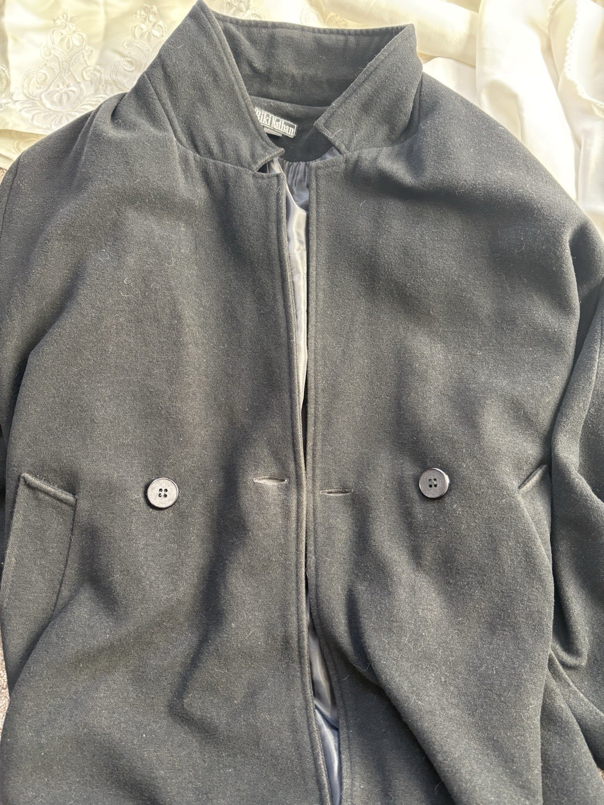 Vintage Riki Nathan Black Wool Cashmere Blend Longline Trench Coat M/L Business