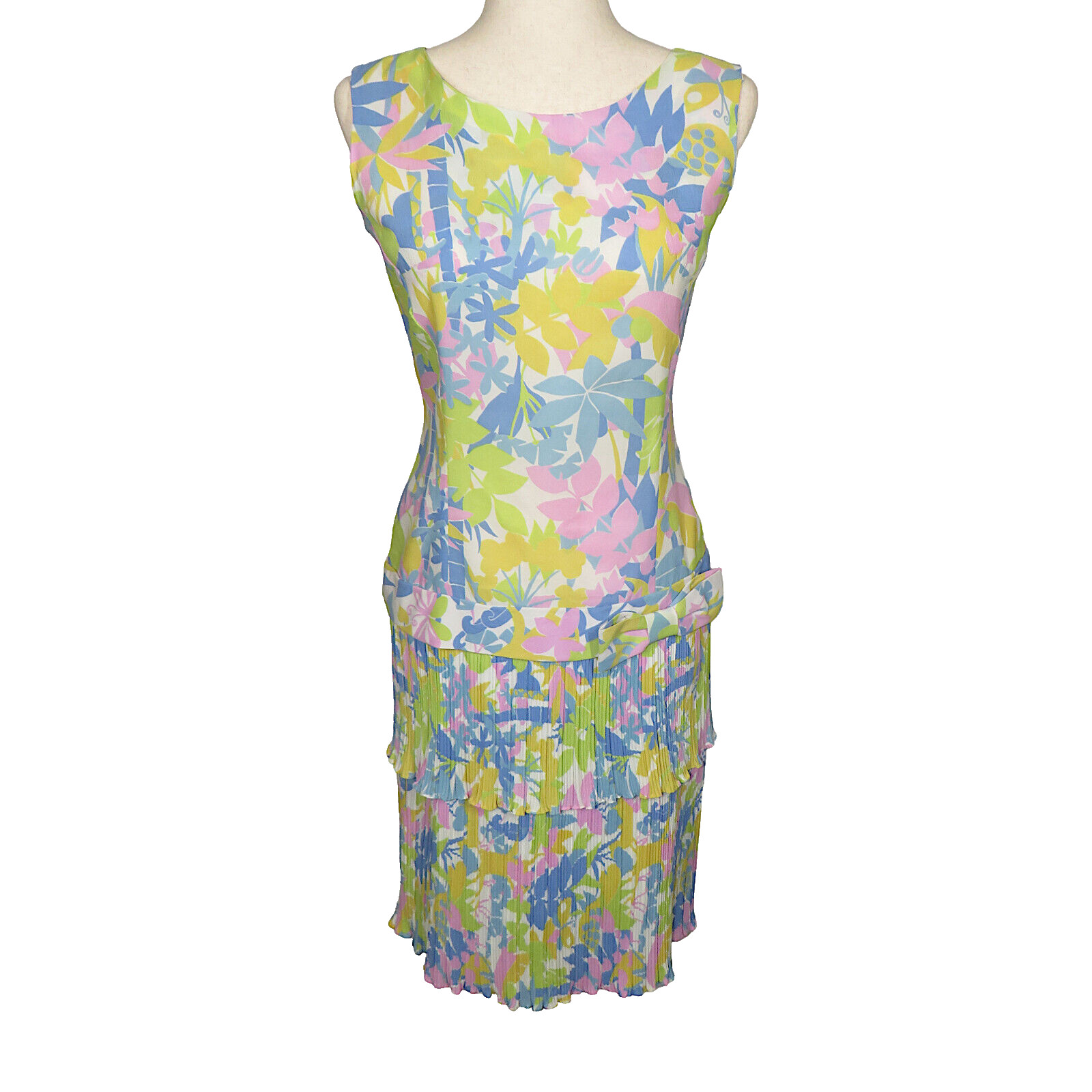 Vintage Custom Made One Of A Kind Floral Bow Drop Waist Pleated Midi Dress Sz S