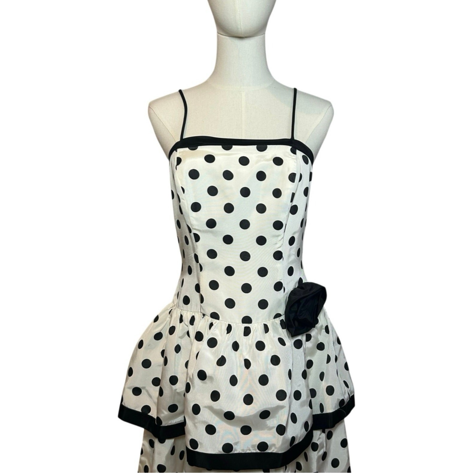 VTG 80s Stop Staring! Polka Dot B&W Medium Tiered Drop Waist Dress Rockabilly