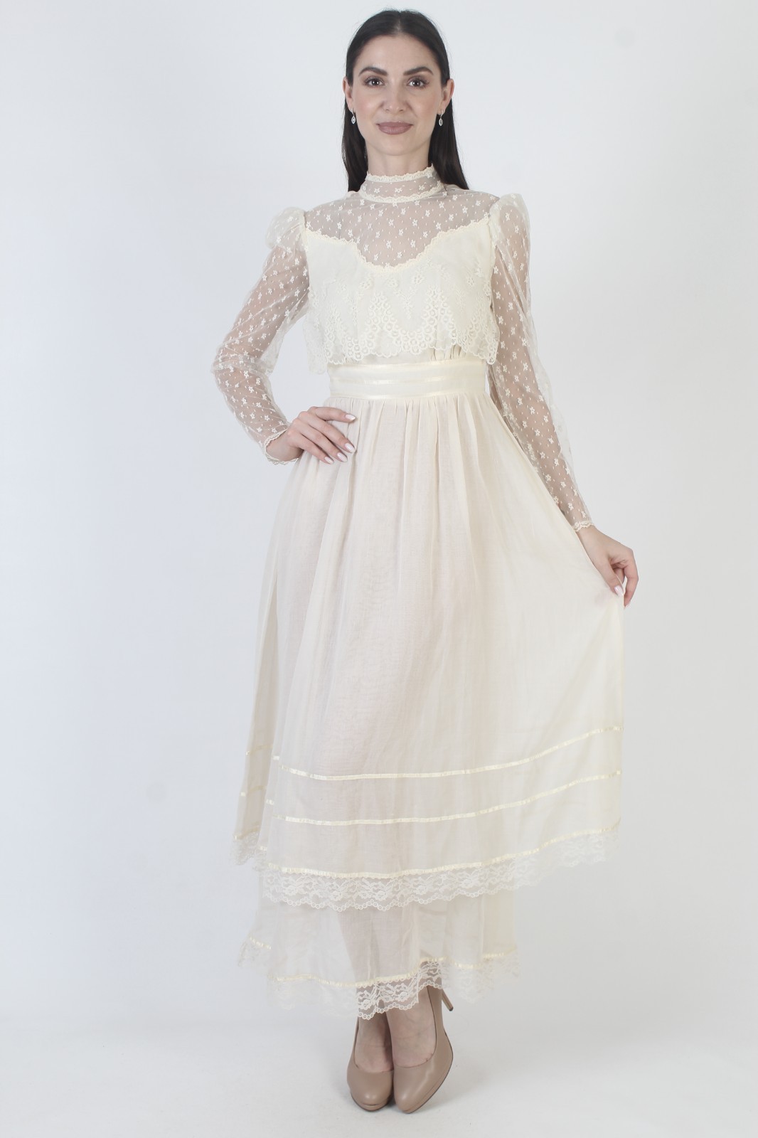 Vtg 70s Candi Jones California Dress Prairie Ivory Boho Wedding Victorian Gown