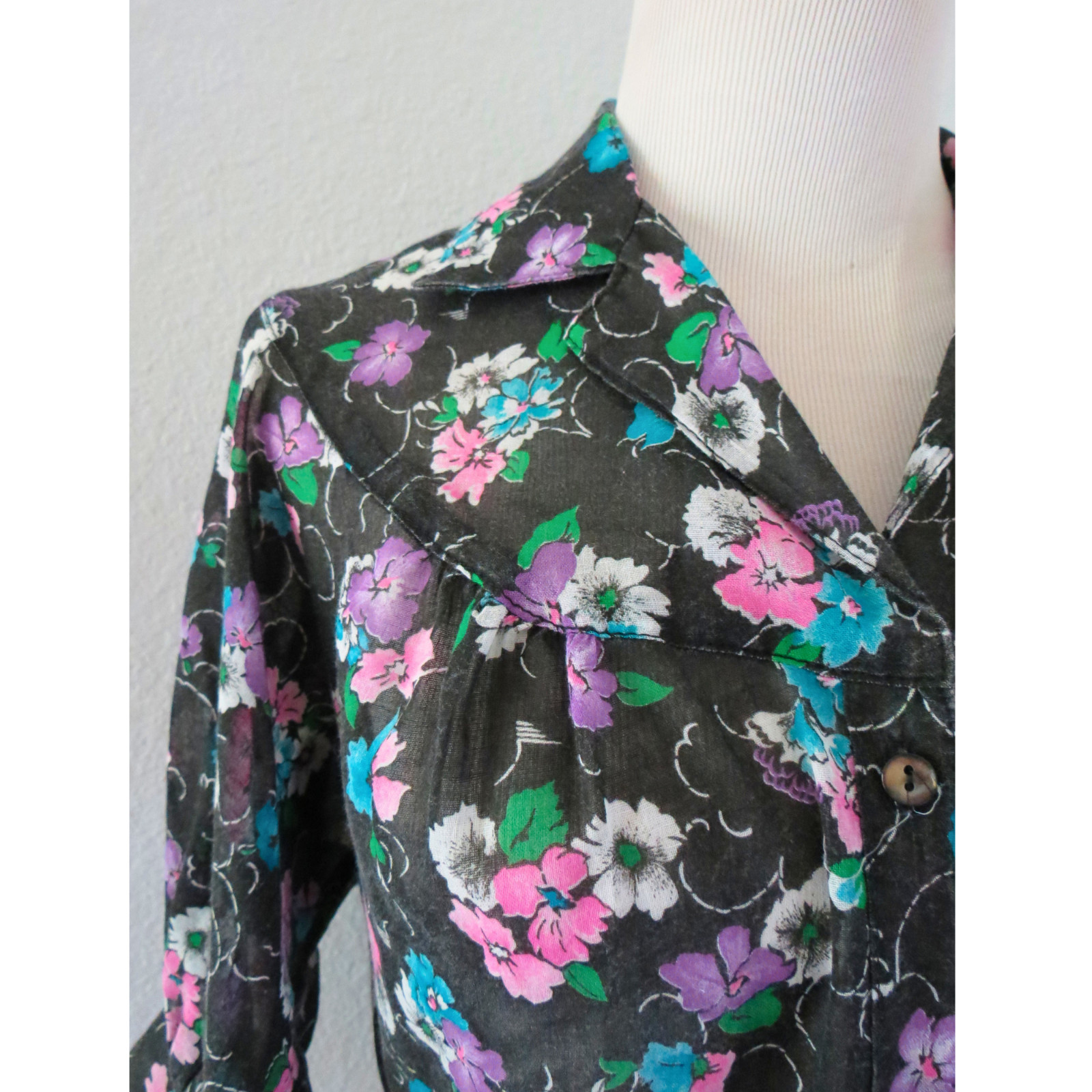 Vintage 1970s Sheer Floral Blouse – Black Button Down Shirt – 70s Boho Top