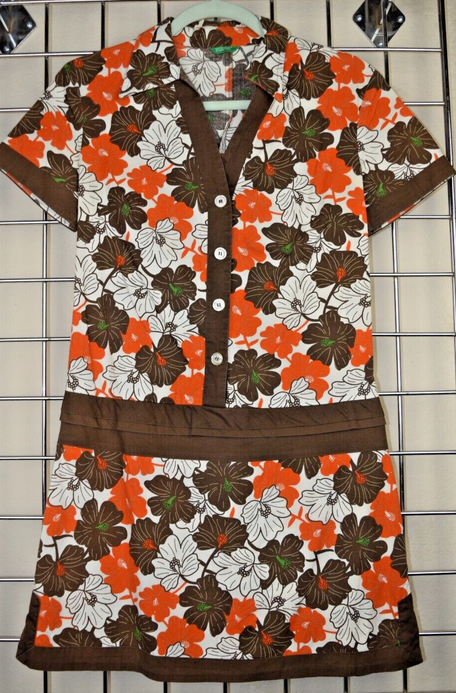 Vintage United Colors of Benetton Dress Size S/M 90s Brown Orange White Flowers