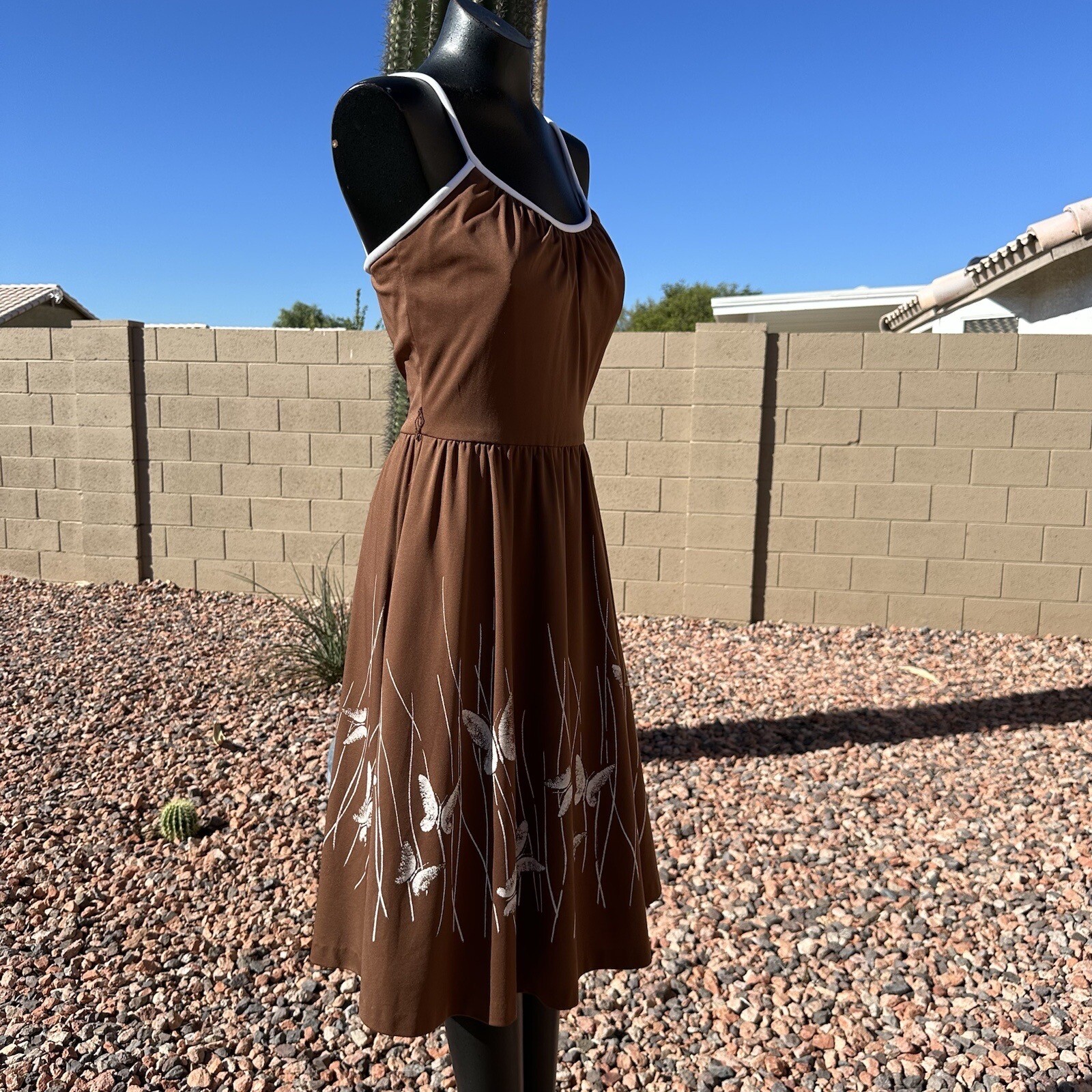 Vintage 70s Alfred Shaheen Brown Pleated Butterfly Dress Bolero Set Fits Sz 8