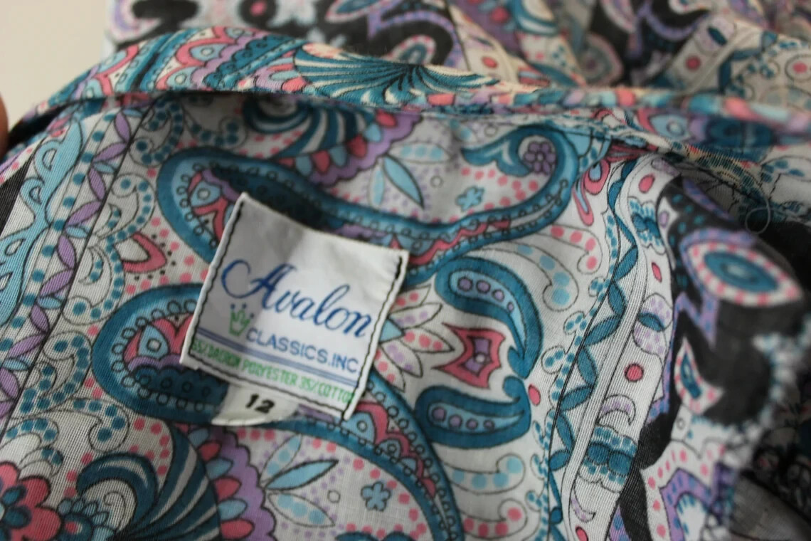 Vintage 60s 1960s Blue Paisley Cotton Voile Avalon Shirt Dress Patio Dress S/M