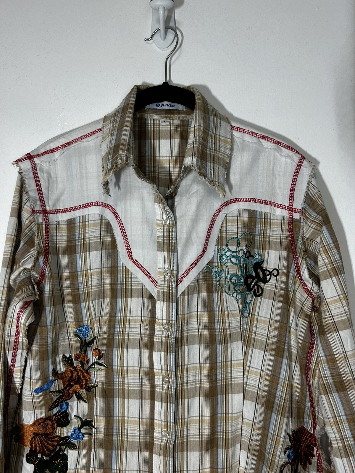 Vintage Oliver Western Southwest Embroidered 100% Cotton Raw Hem Shirt Size L