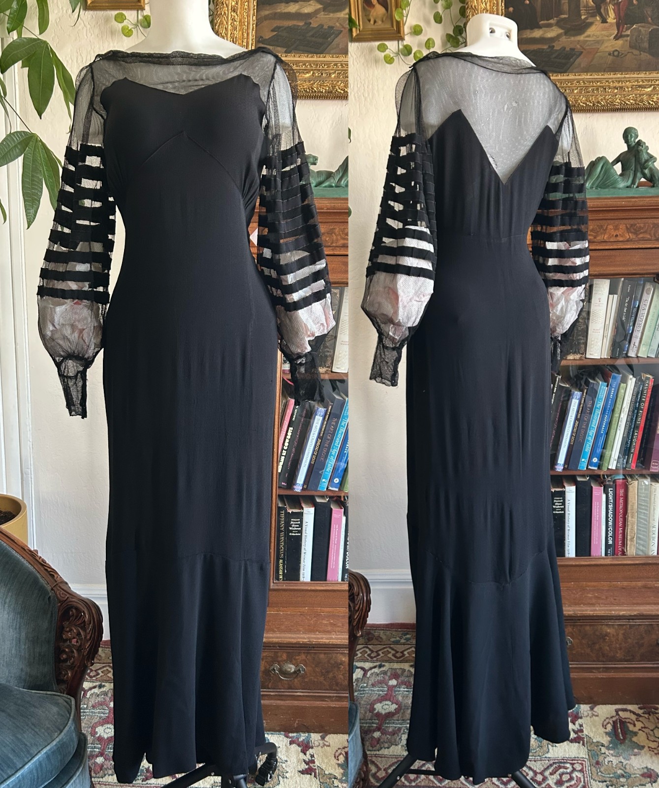 Vintage 1930s Black Mesh Net Gown Balloon Sleeves Bias Cut Art Deco Maxi Dress