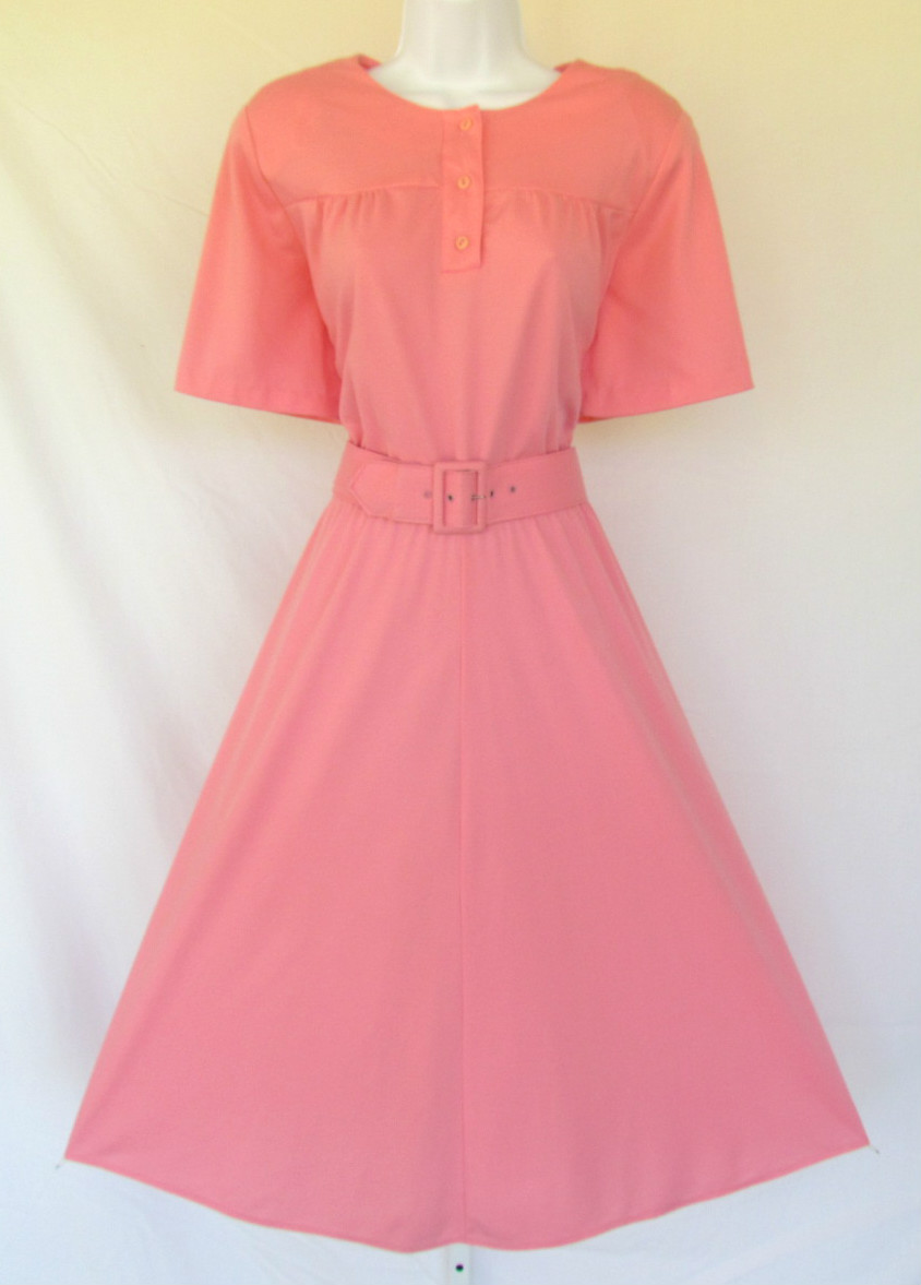 VINTAGE 1960s 70s DRESS ALICIA PINK BELT PADDED SHOULDERS 39″ BUST