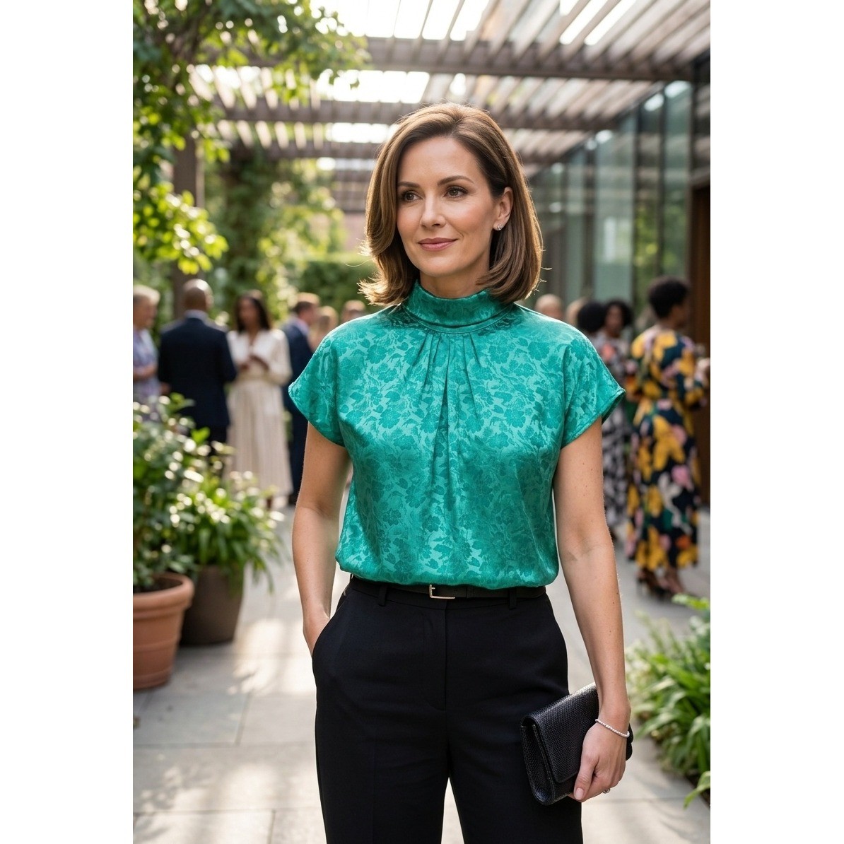 Cindy Collins Vintage Emerald Green Floral Jacquard Mock Neck Blouse Large USA
