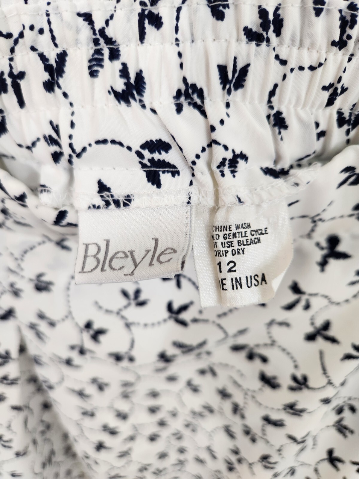 Bleyle Vintage Floral Midi Skirt Navy Blue White Pleated Elastic Waist Size 12