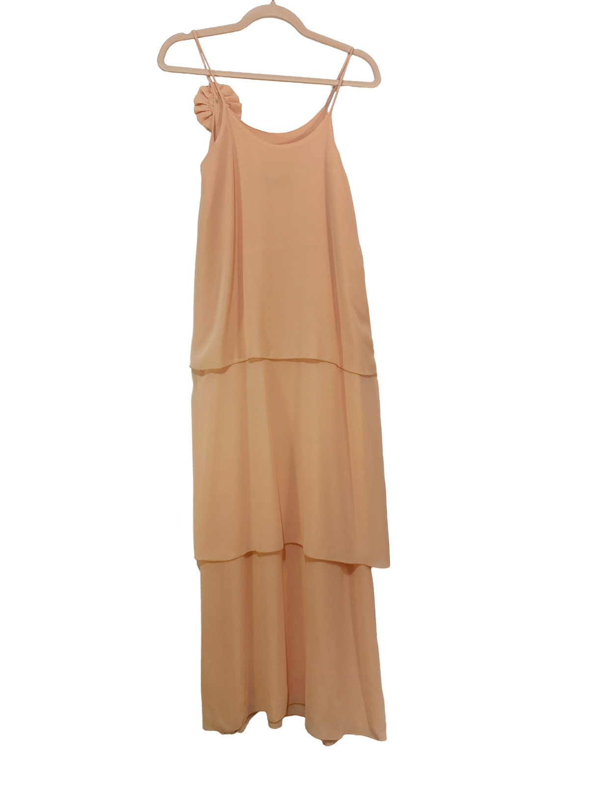 1970s Enrico Serrati Apricot Tiered Chiffon Maxi Dress w Shoulder Rosette Fit xS