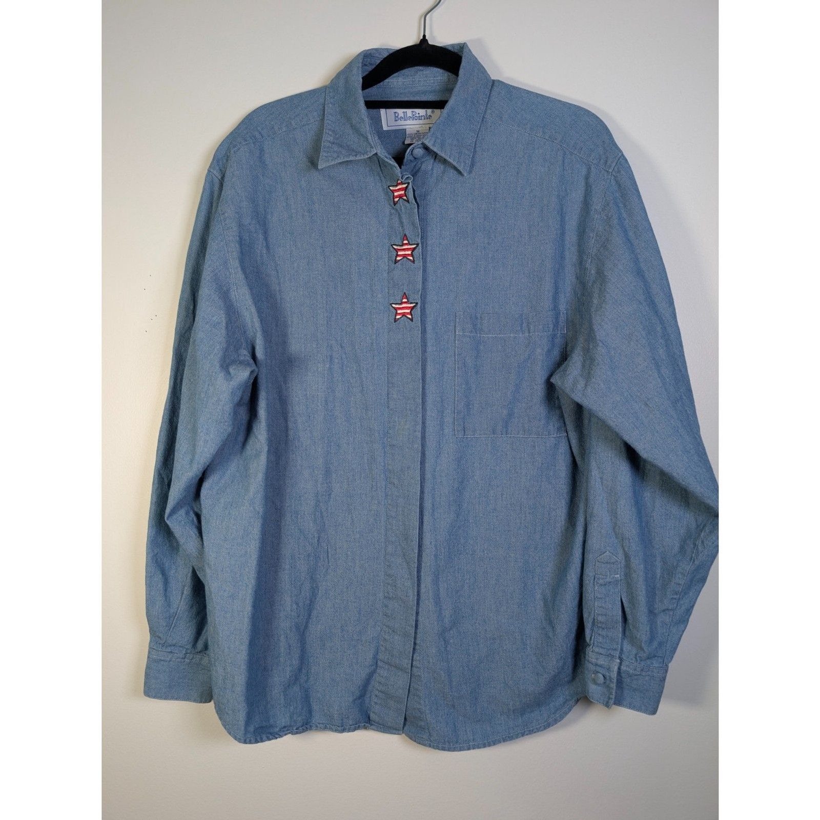 Vintage BellePointe Chambray Shirt Patriotic Star Buttons Americana Cottagecore