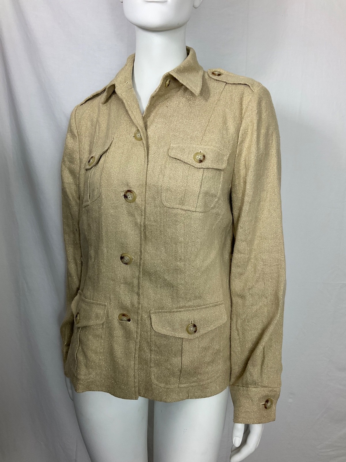 Vintage Lauren Ralph Lauren Silk & Linen Jacket Beige Gold Metallic Thread Sz 12