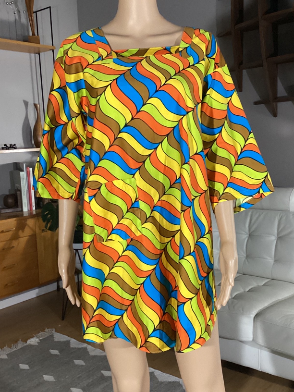 Vintage 1970s Womens Psychedelic MCM Smock Open Back Top Sz M