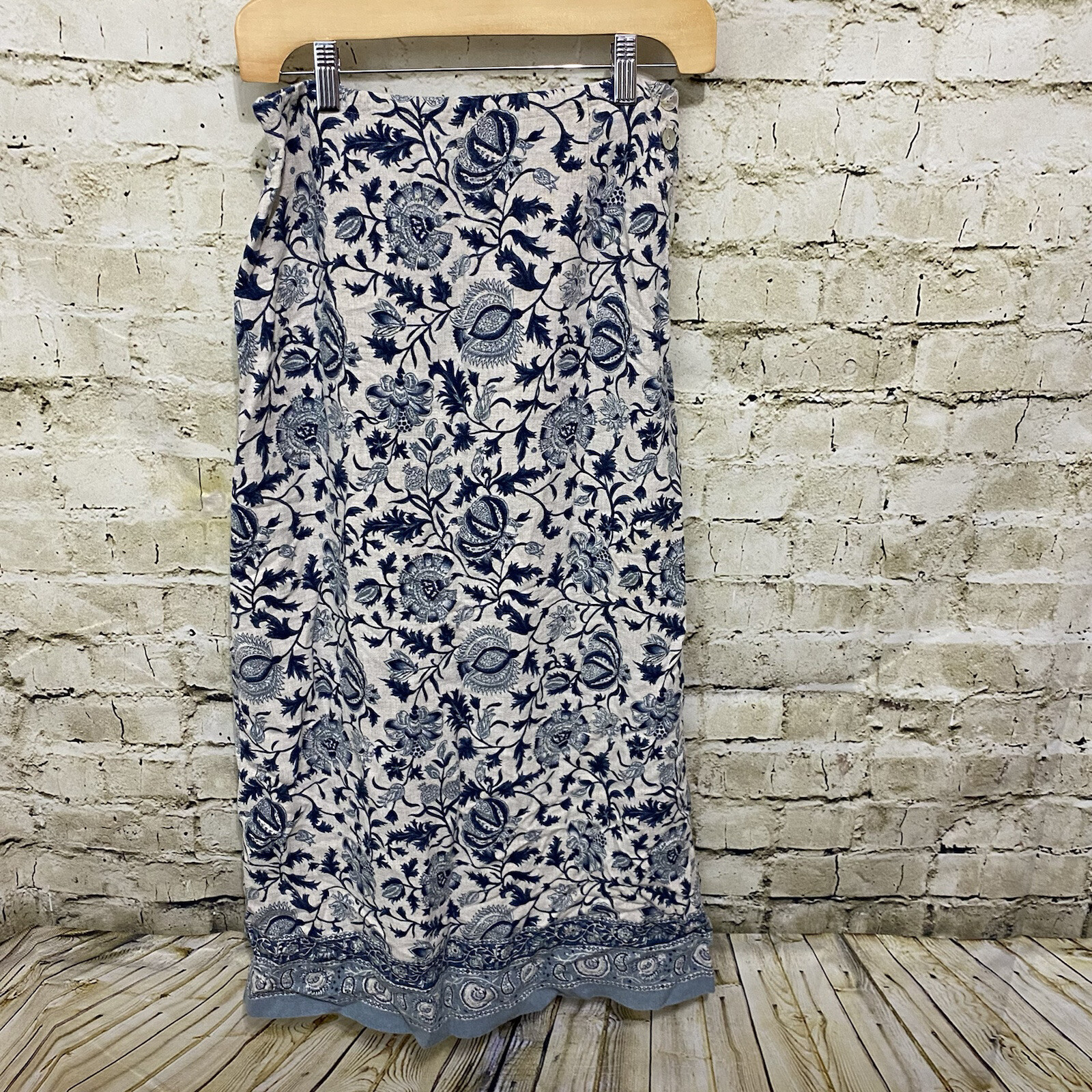 Vintage Portraits Northern Isles Womens Medium Blue Floral Linen Blend Skirt I5