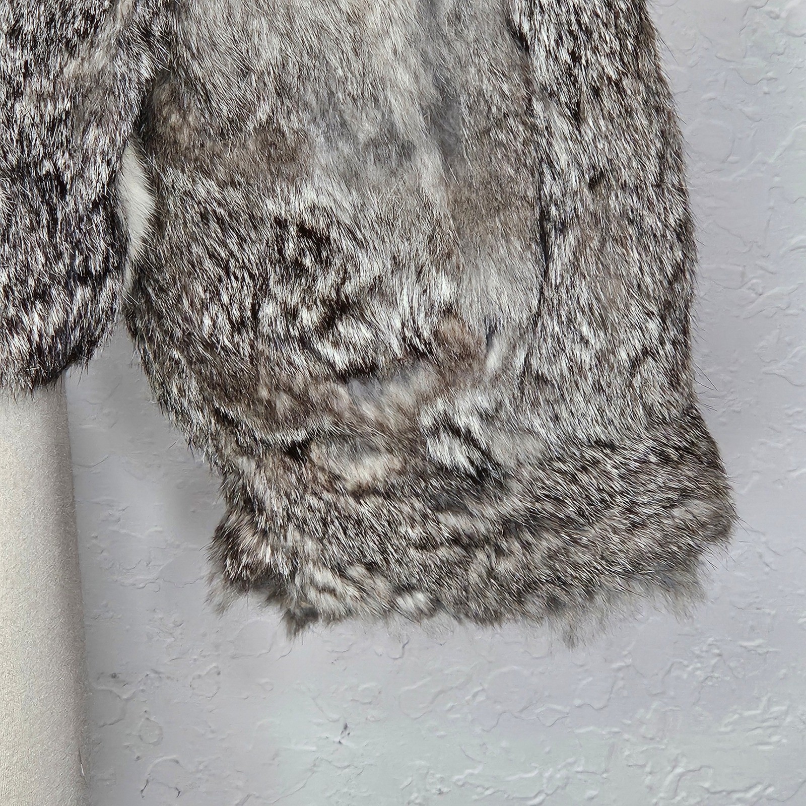 Vintage Genuine Rabbit Fur Coat Grey White Shawl Collar Cropped Jacket