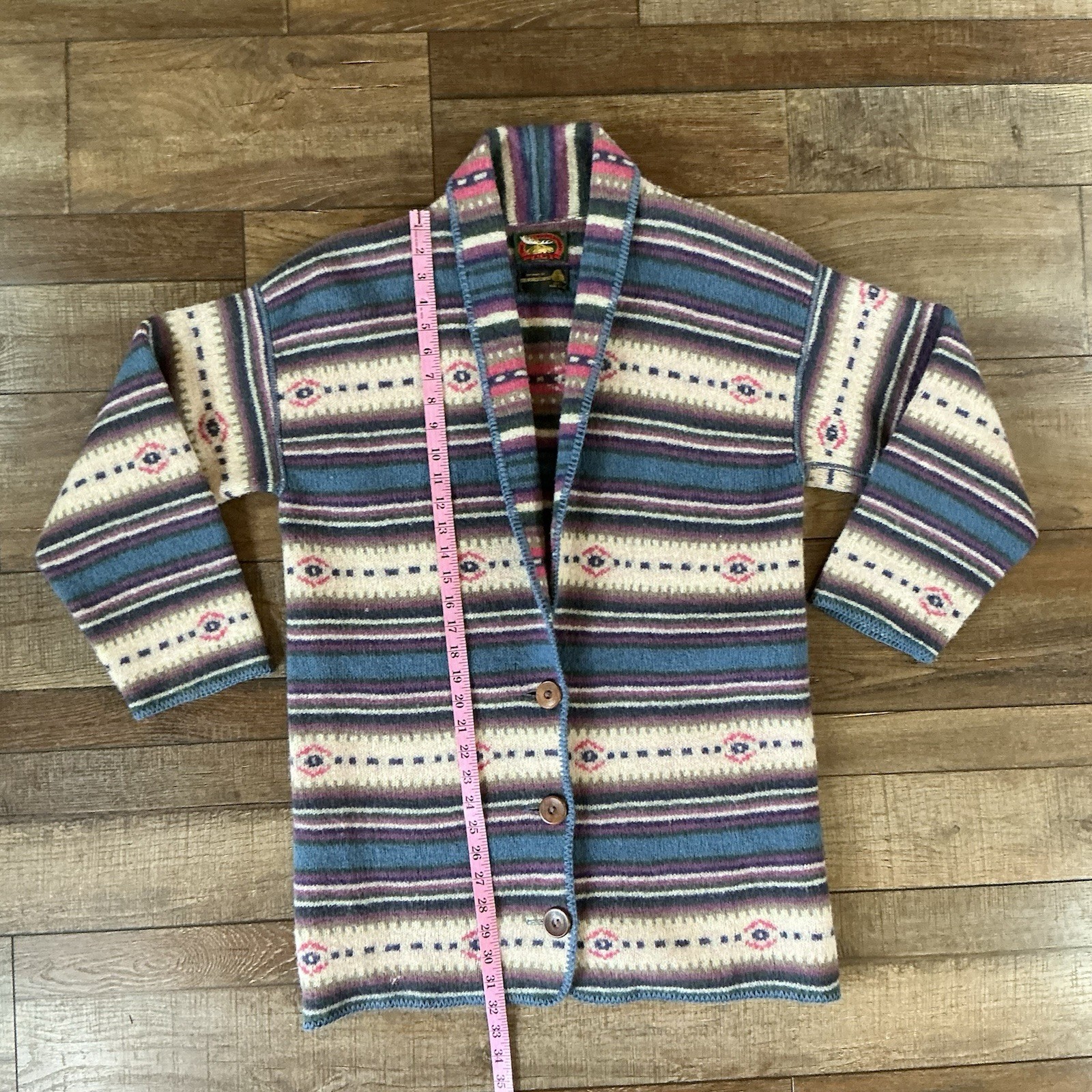 VINTAGE Alps Wool Cardigan Sweater Southwestern Aztec Shawl Collar Size L #19C6