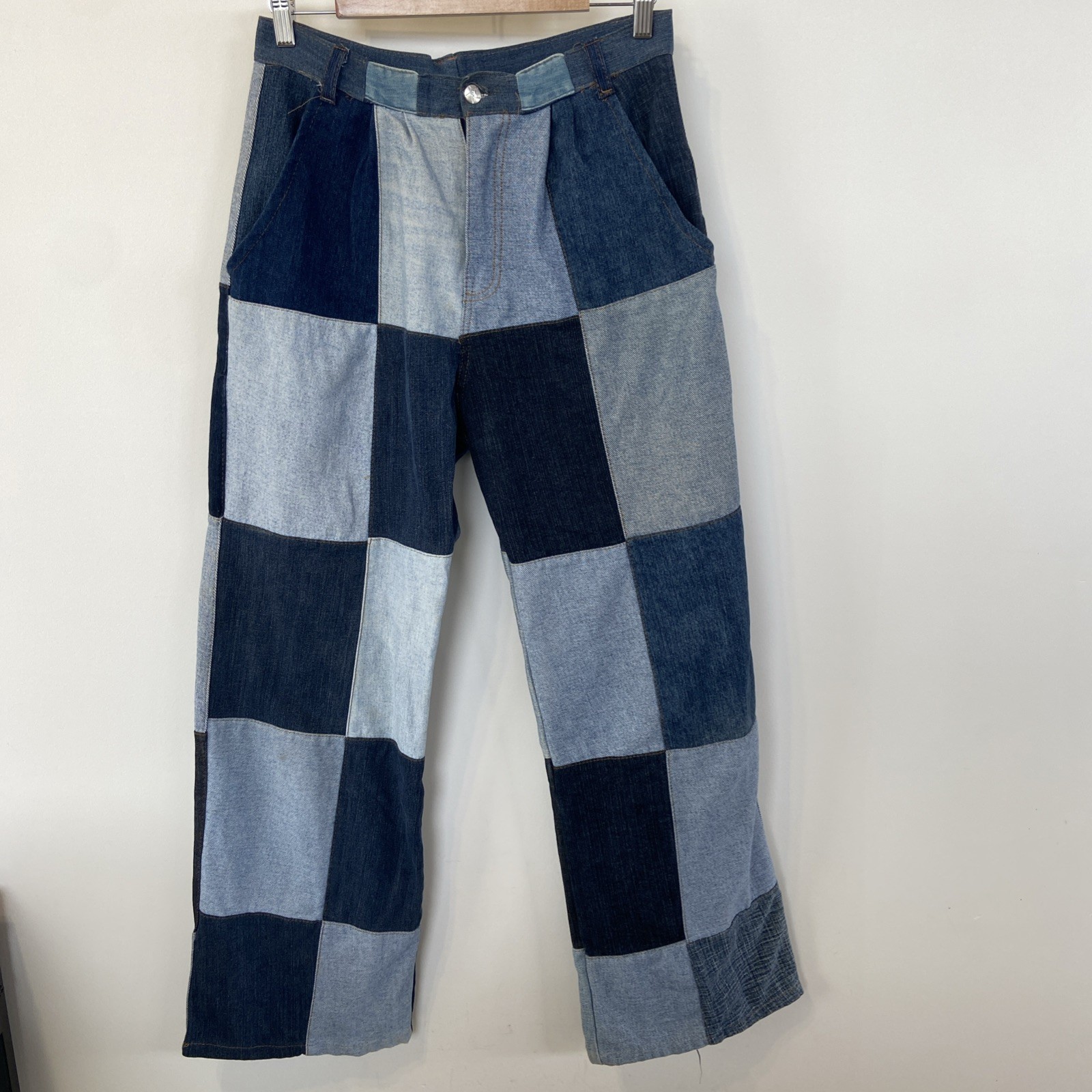 Vintage CUSTOM Denim Patchwork Wide Leg Jeans 30” Waist 80’s High Waist Gathered