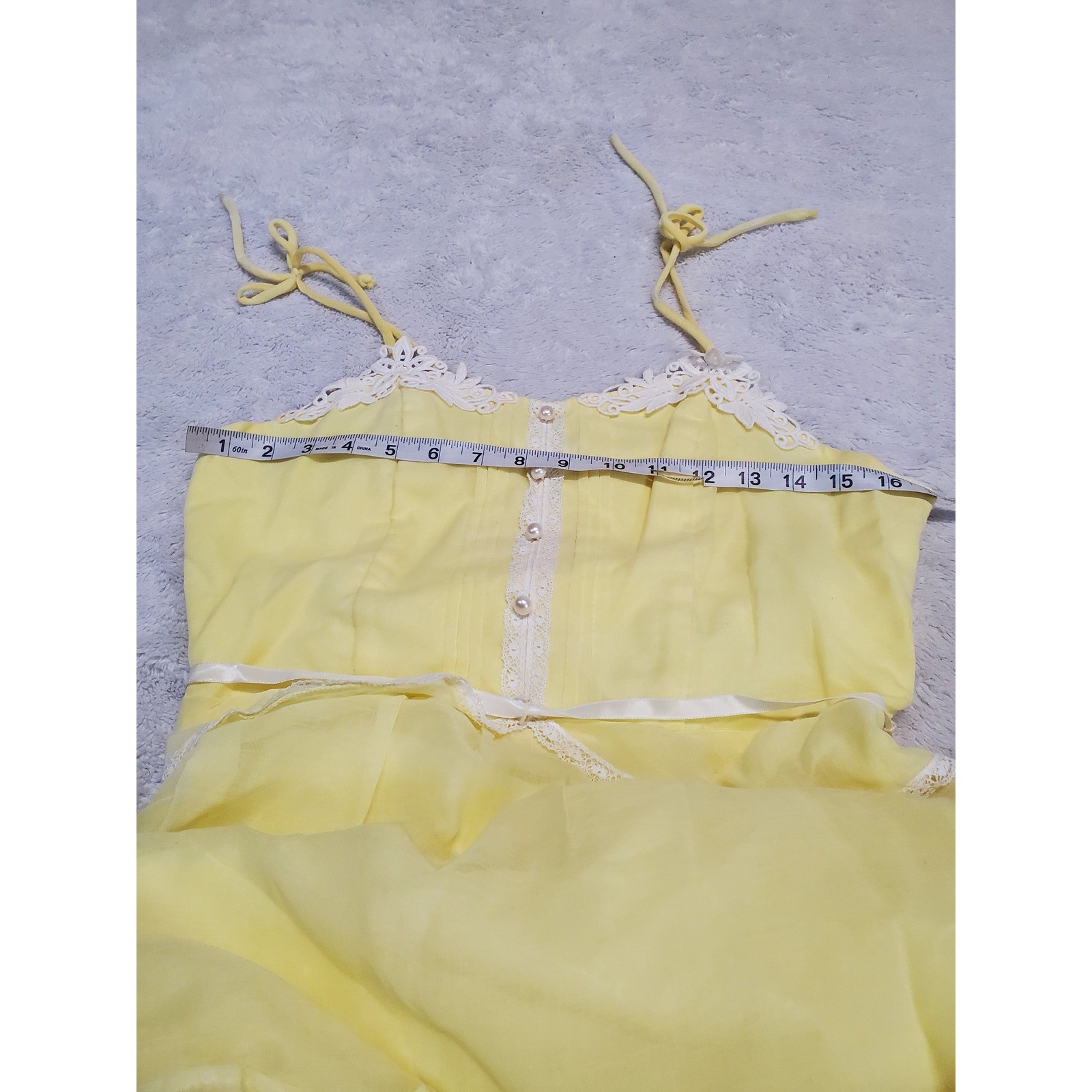 Vintage Soft Yellow White Lace Spaghetti Strap Tiered Babydoll Maxi Dress 11 XS