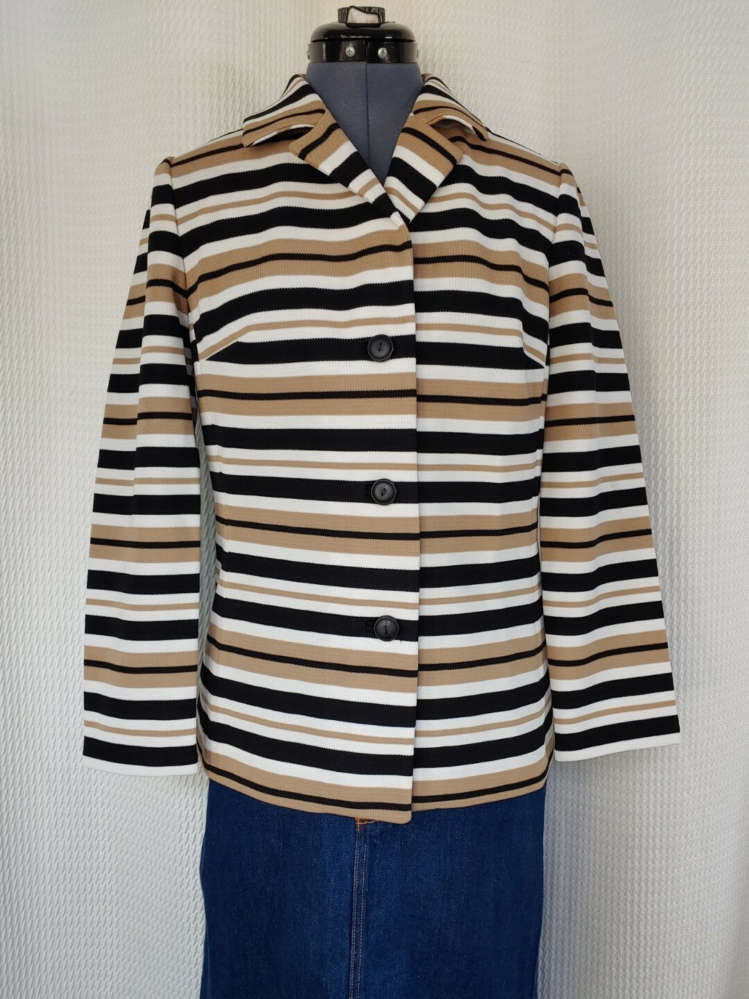 Vintage Butte Knits Black/Tan/Cream Striped Jacket 36″ Bust Size SM?