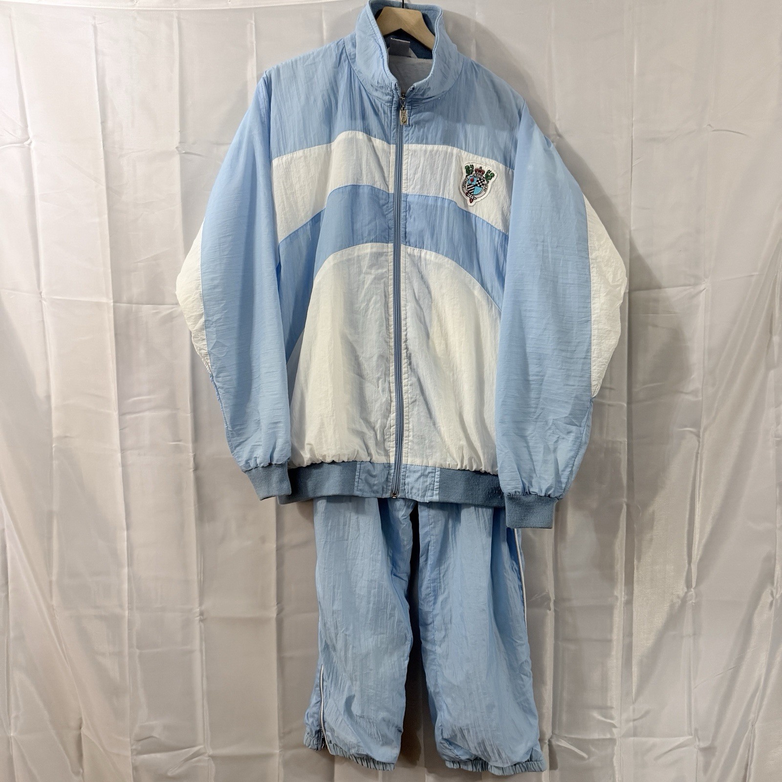 Vintage 80s Womens Set Powder Blue Track Wind Suit Joggers Crest Retro Party L *