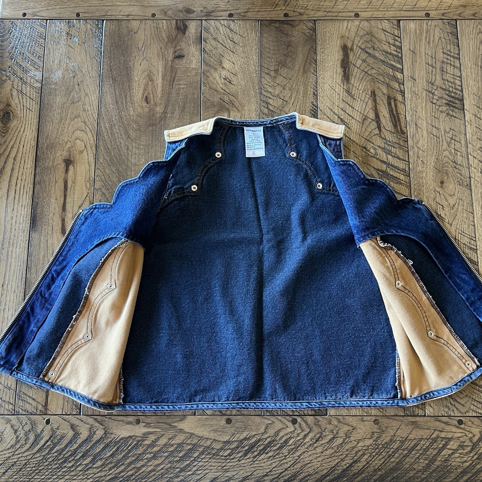 Vintage Western Ethics Bling Vest L Denim Tan 2 Tone 80s Scalloped Zip Cowgirl