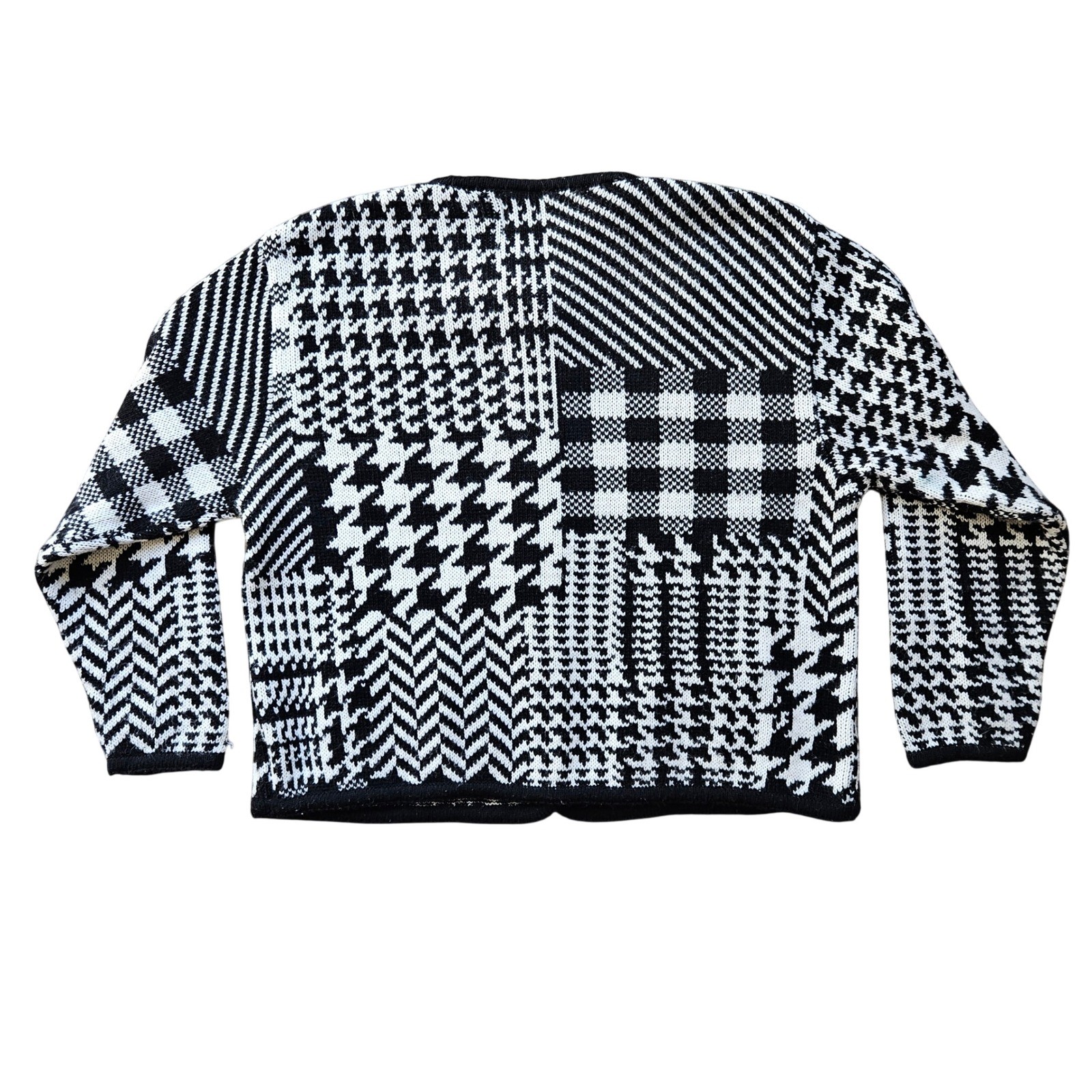 Tally-Ho Vtg Mixed Print Cardigan Sweater XL Black White Houndstooth Patchwork